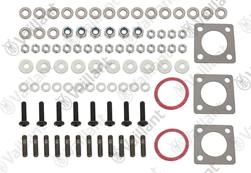 Vaillant Befestigungssatz mit verschiedenen Schrauben, Unterlegscheiben, Dichtungen und Platten, angeordnet in mehreren Reihen und Kategorien.